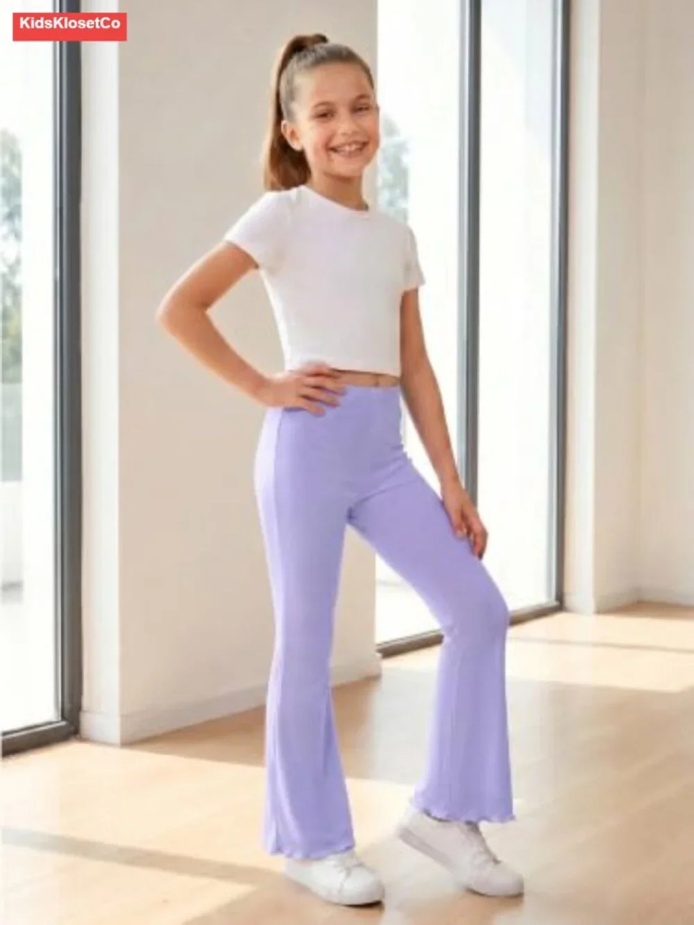 Girls Ribbed Knit Flare Leggings High Waist Bell Bottoms
